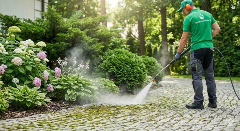 Bezpieczne usuwanie mchu z podjazdu w Szczecinie — rabaty obok pozostają nienaruszone