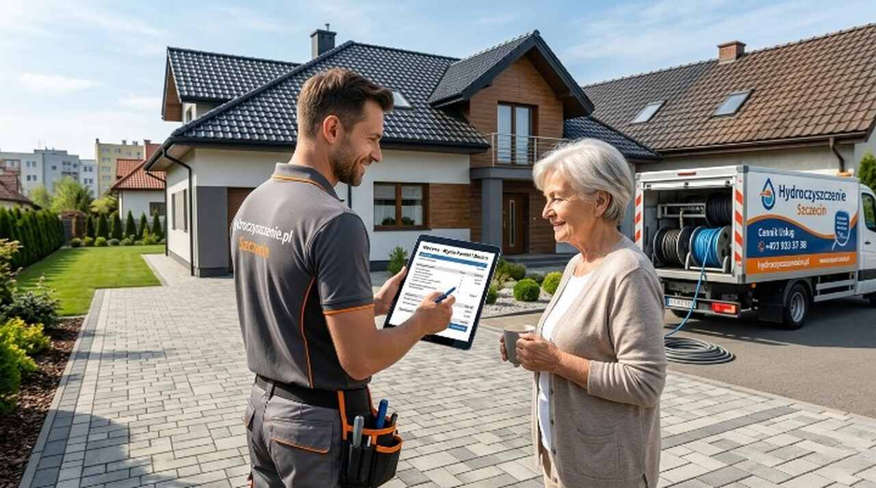 Wycena mycia kostki i dachu w Szczecinie — technik omawia kosztorys z klientką