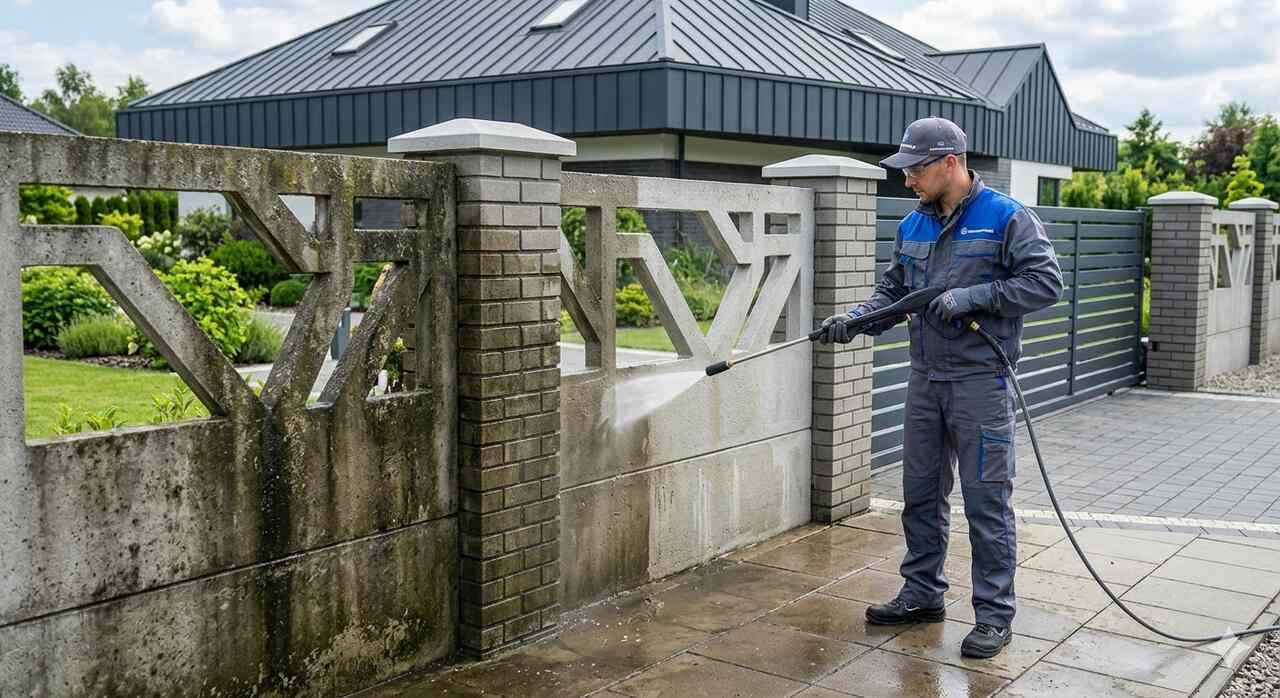 Czyszczenie ogrodzenia betonowego w Szczecinie — umyta połowa muru obok zabrudzonej