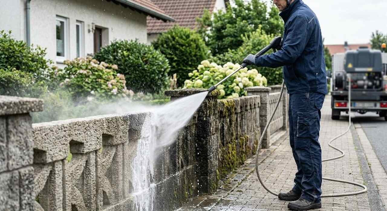 Czyszczenie ogrodzenia betonowego w Szczecinie — mur przed i po myciu