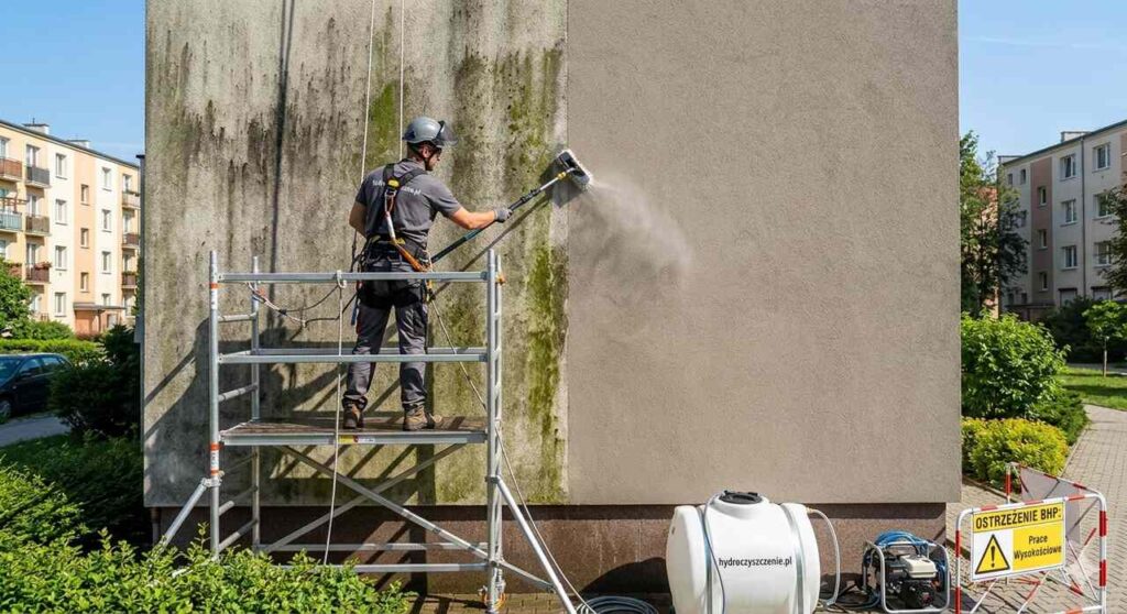 Mycie elewacji tynkowanej metodą softwash w Szczecinie — efekt przed i po