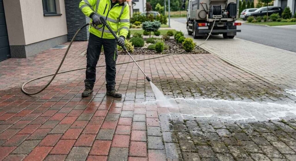 Mycie kostki brukowej na podjeździe w Szczecinie