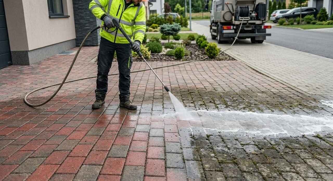 Mycie kostki brukowej na podjeździe w Szczecinie