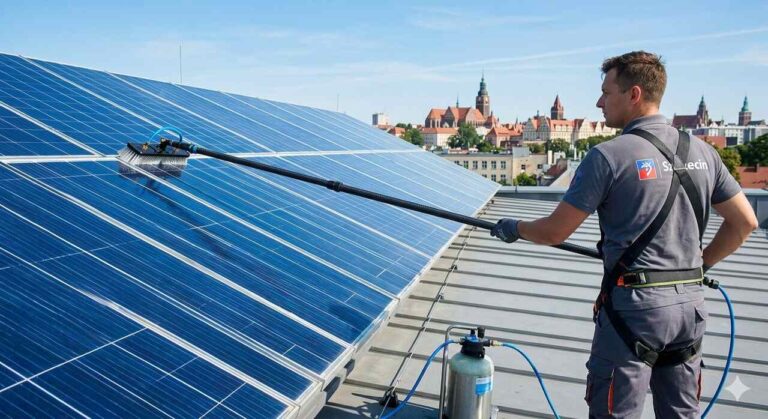Mycie paneli fotowoltaicznych wodą demineralizowaną — technik ze szczotką na dachu