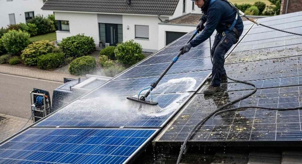 Profesjonalny technik na dachu wykonujący bezpieczne mycie paneli fotowoltaicznych w Szczecinie. Usługa czyszczenia instalacji PV z kurzu, pyłu i odchodów. Widoczny efekt "przed i po".
