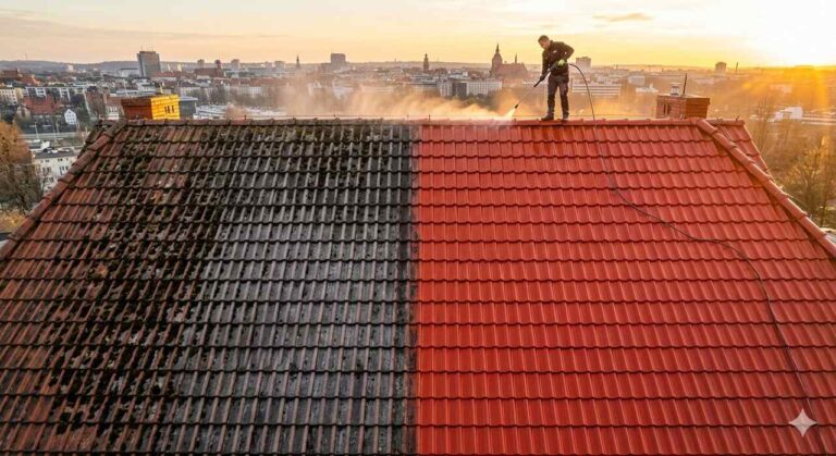 Renowacja dachówki ceramicznej w Szczecinie — porównanie połaci przed i po myciu