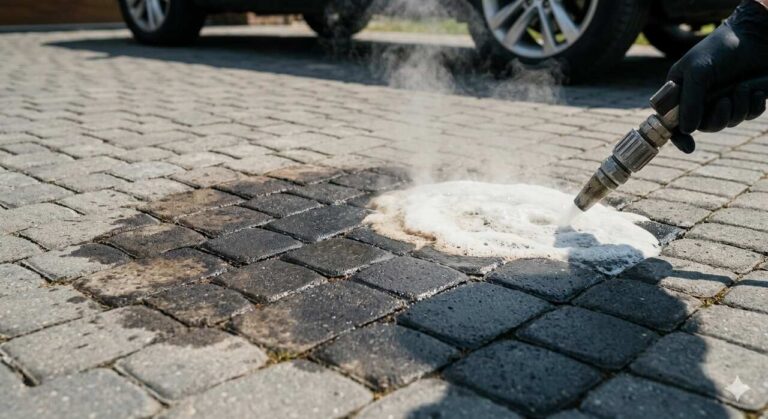 Usuwanie plam z oleju z kostki brukowej w Szczecinie — piana rozpuszcza plamę