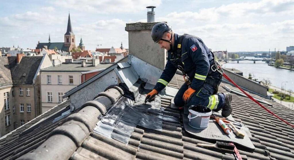 Naprawa dachu Szczecin — dekarz w uprzęży uszczelnia obróbkę przy kominie