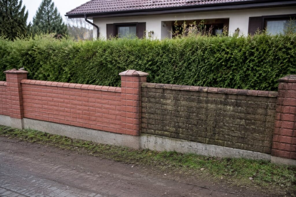 Czyszczenie ogrodzenia klinkierowego Szczecin — umyty fragment płotu obok zabrudzonego mchem